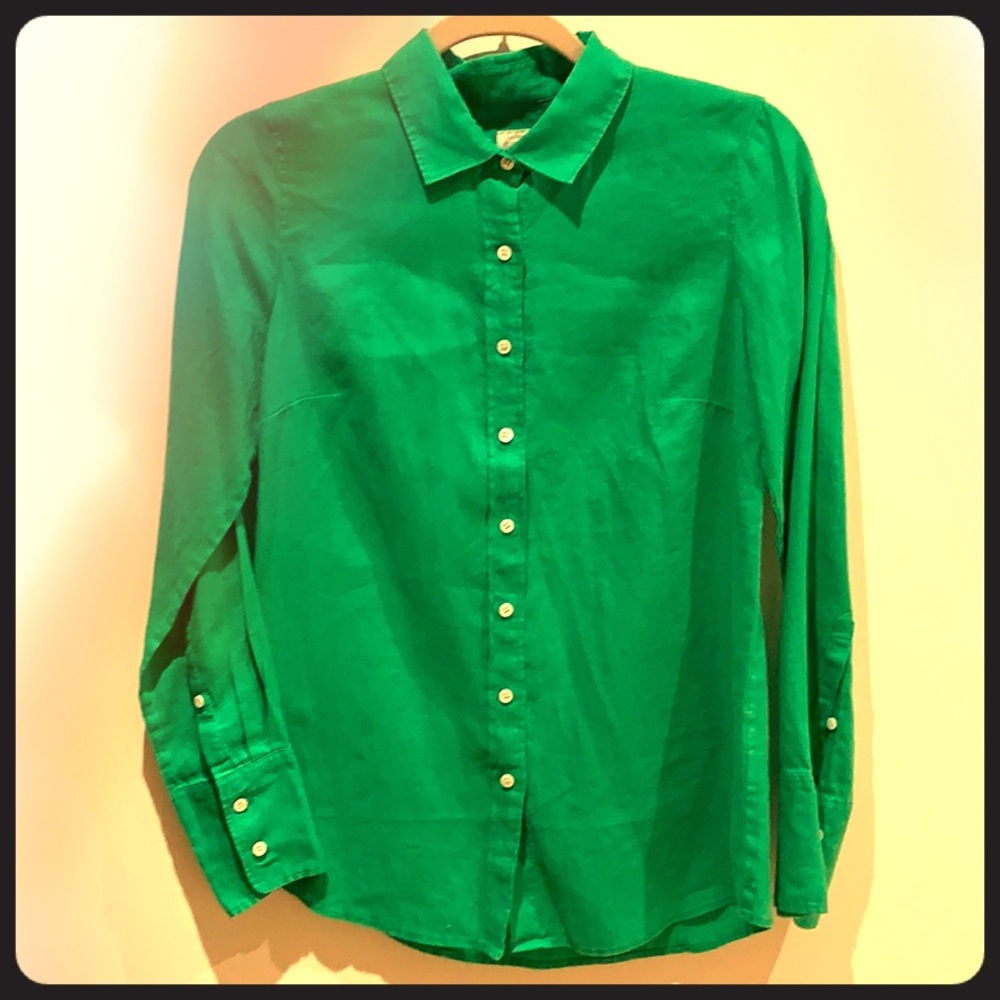 JCREW Kelly Green 💯% linen button down Size - 2